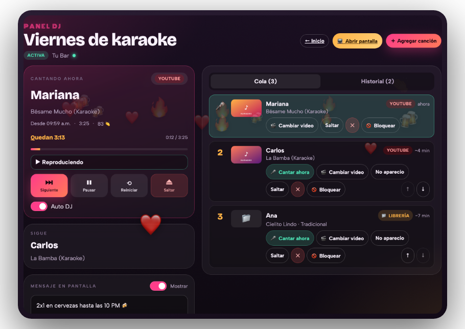Panel del DJ con la cola de canciones