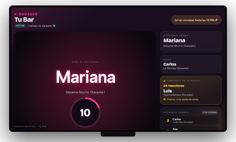 Pantalla del bar anunciando al siguiente cantante